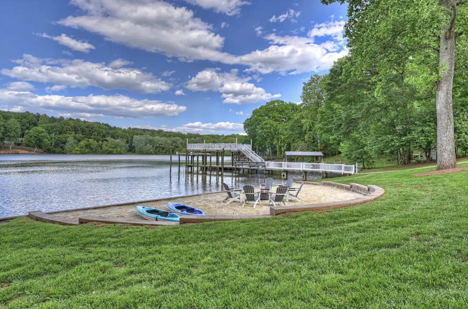 Private dock and beach at Windygap Retreat on Lake Wylie — bachelorette weekend lake house near Charlotte NC
