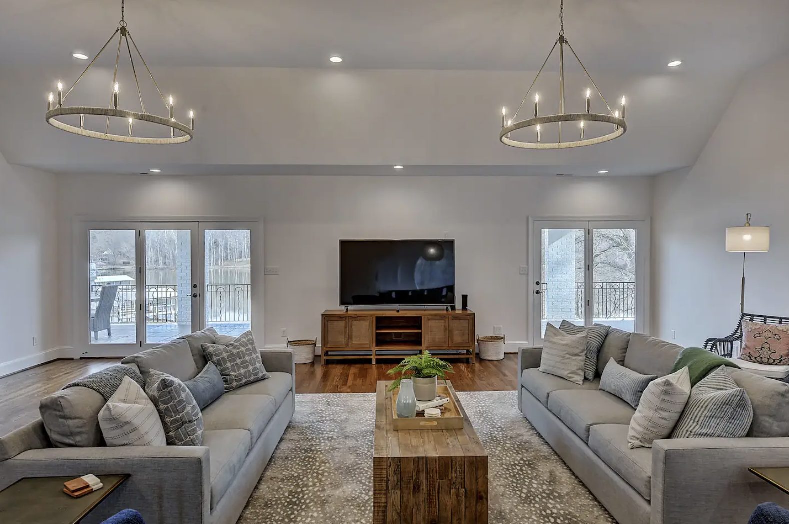 Spacious living room at Windygap Retreat, a large group vacation rental on Lake Wylie near Charlotte NC